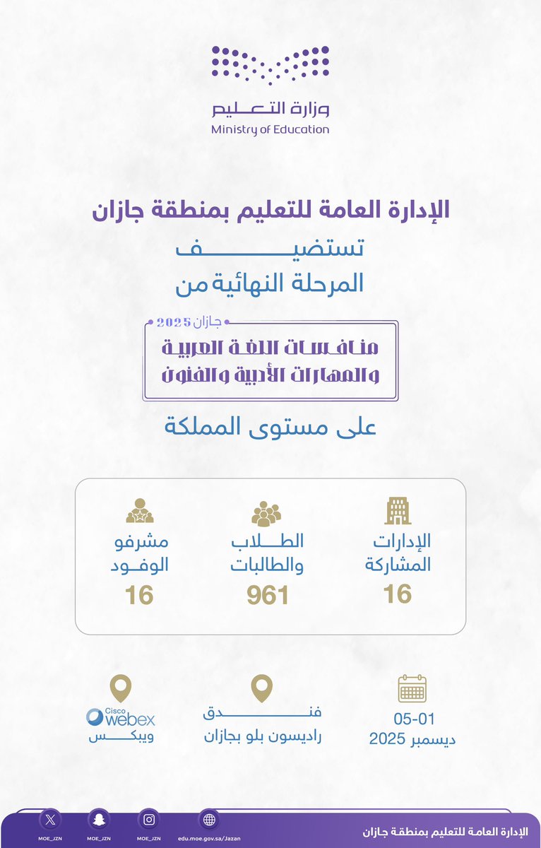 غدًا | #تعليم_جازان يستضيف المرحلة النهائية من منافسات اللغة العربية والمهارات الأدبية والفنون 2025 على مستوى المملكة.