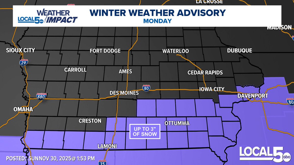 ChrisKuball's tweet image. A Winter Weather Advisory is in effect for Monday across southern/southeast Iowa.  Up to 3&quot; of snow is expected with slippery travel conditions through the day.  Mid-morning to early-evening timeframe for accumulation. #IAWX