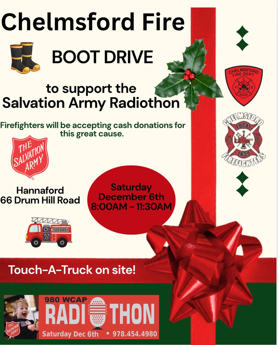 ChelmsfordFD's tweet photo. 🚒 Fill the Boot for Salvation Army! 🎄

Join Chelmsford Fire and Local 1839 this Saturday, December 6th from 8:30-11:30 AM at Hannaford (66 Drum Hill Road) for our boot drive supporting the Salvation Army Radiothon.

✅ Cash donations accepted on-site
✅ Touch-A-Truck with fire apparatus
✅ All funds go directly to Salvation Army

While you’re out, stop by Walmart to support CPD’s Fill the Cruiser too!

Questions? 
Contact Deputy Chief Ryan Houle at 978.250.5268 / rhoule@chelmsfordma.gov or Union President Rob Albon at Chelmsfordlocal1839@gmail.com

Thanks to FF Greg Sparks for organizing! 

@radiothon