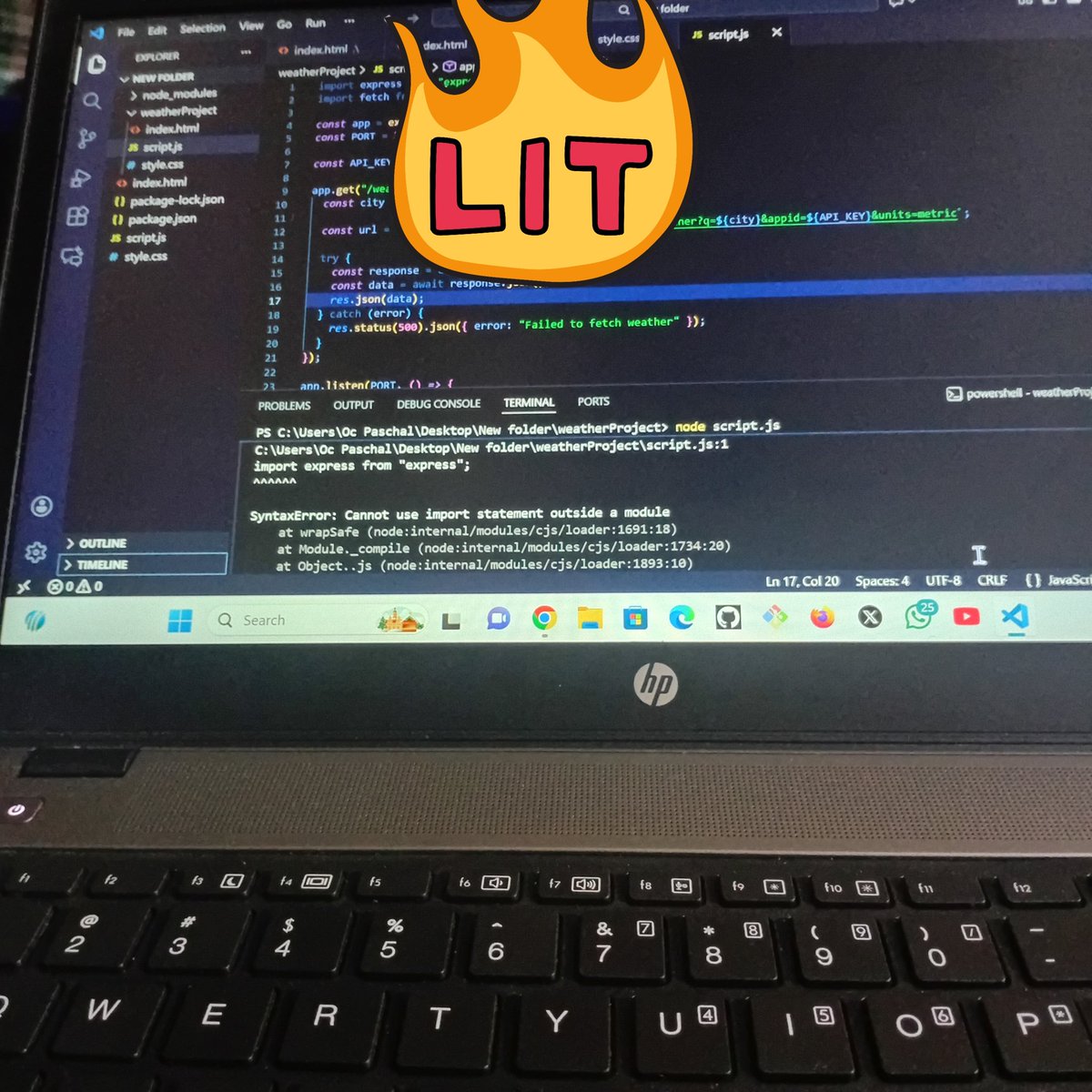 Oc_paschal_code's tweet image. Day 53 Learning JavaScript.
Today I learned why the “Cannot use import statement outside a module” error happens and how to fix it using &quot;type&quot;: &quot;module&quot; in package.json. To fellow beginners, it’s okay  to be confused,not to understand everything at once,just keep practicing.💜🚀