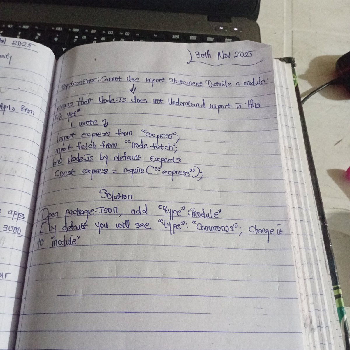 Oc_paschal_code's tweet image. Day 53 Learning JavaScript.
Today I learned why the “Cannot use import statement outside a module” error happens and how to fix it using &quot;type&quot;: &quot;module&quot; in package.json. To fellow beginners, it’s okay  to be confused,not to understand everything at once,just keep practicing.💜🚀