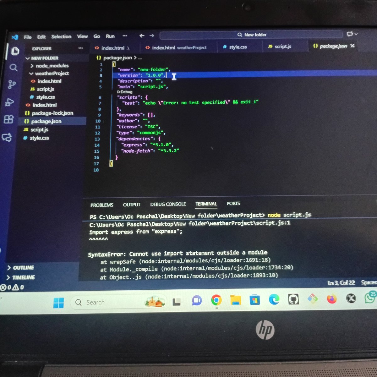 Oc_paschal_code's tweet image. Day 53 Learning JavaScript.
Today I learned why the “Cannot use import statement outside a module” error happens and how to fix it using &quot;type&quot;: &quot;module&quot; in package.json. To fellow beginners, it’s okay  to be confused,not to understand everything at once,just keep practicing.💜🚀