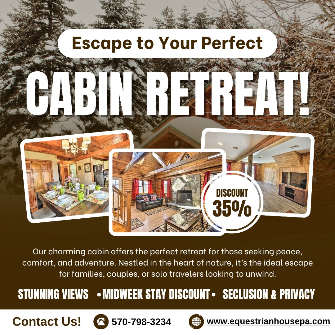 EquestrianPA's tweet image. Escape to your perfect cabin retreat in the heart of nature! 🌲 Whether you&apos;re seeking peace, comfort, or adventure, our charming cabins offer stunning views, seclusion, and a special 35% midweek stay discount. Book your unforgettable getaway today! #poconomtns #logcabin…