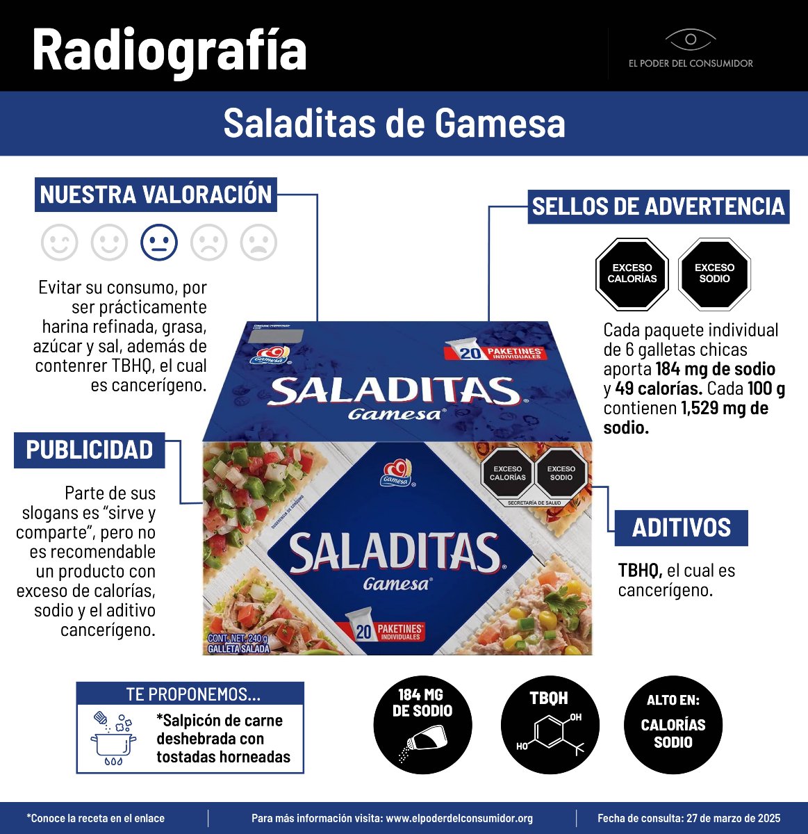 elpoderdelc's tweet image. 😯 Las Saladitas Gamesa contienen un aditivo relacionado con daño al hígado y riesgo de cáncer.
Además, tienen jarabe de maíz de alta fructosa y harinas refinadas.
🧾 Checa el análisis completo:
f.mtr.cool/irskfsuuut