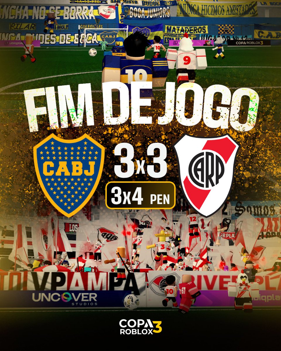 Copa_Roblox's tweet image. ¡FINAL DEL PARTIDO!
En un PARTIDAZO, Boca Juniors empata al final y se va a los penaltis, pero el portero Feehlinares brilla, Leobigol FALLÓ el penalti y Tung Tung Sahur ¡LLEVA A LOS MILLONARIOS A LA FINAL!

#CopaRoblox
🇸🇪 #BocaJuniors 3 (3) x (4) 3 #RiverPlate 🇦🇹