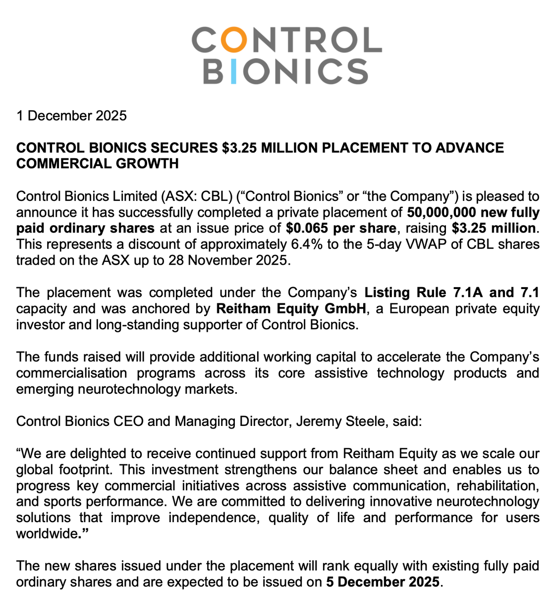 Control_Bionics's tweet image. We’re pleased to welcome Stephen Rix as Chairman of Control Bionics (ASX: $CBL). A long-standing shareholder since 2016, Stephen brings 20+ years of governance and tech leadership as we scale our #neurotech globally. #ASX #CBL #MedTech