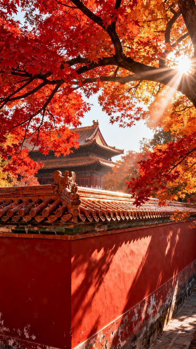 红枫如燃，掩着朱红宫墙。每片枫叶的脉络、每缕光的轨迹，都浸着古雅与绚烂。
#大美中国 #宫墙秋枫 #红枫鎏光 #宫苑秋韵