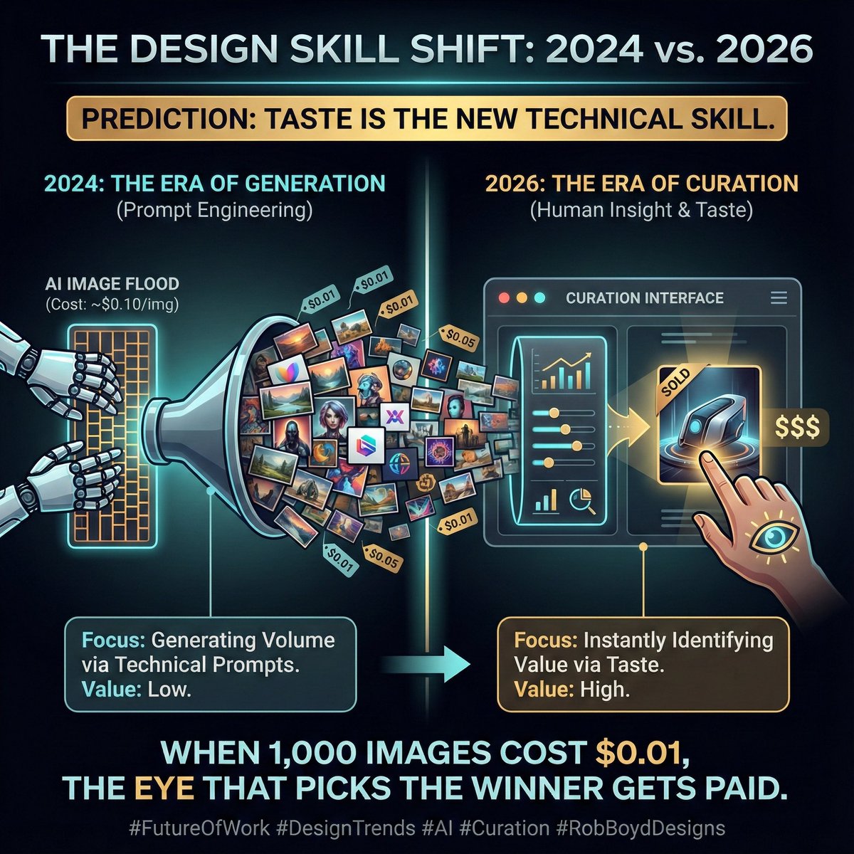 Prediction: In 2026, the most valuable design skill won't be "Prompt Engineering." It will be "Curation." When the cost of generating 1,000 images drops to $0.01, the person who can instantly identify the one image that will sell is the only one who gets paid. Taste is the new