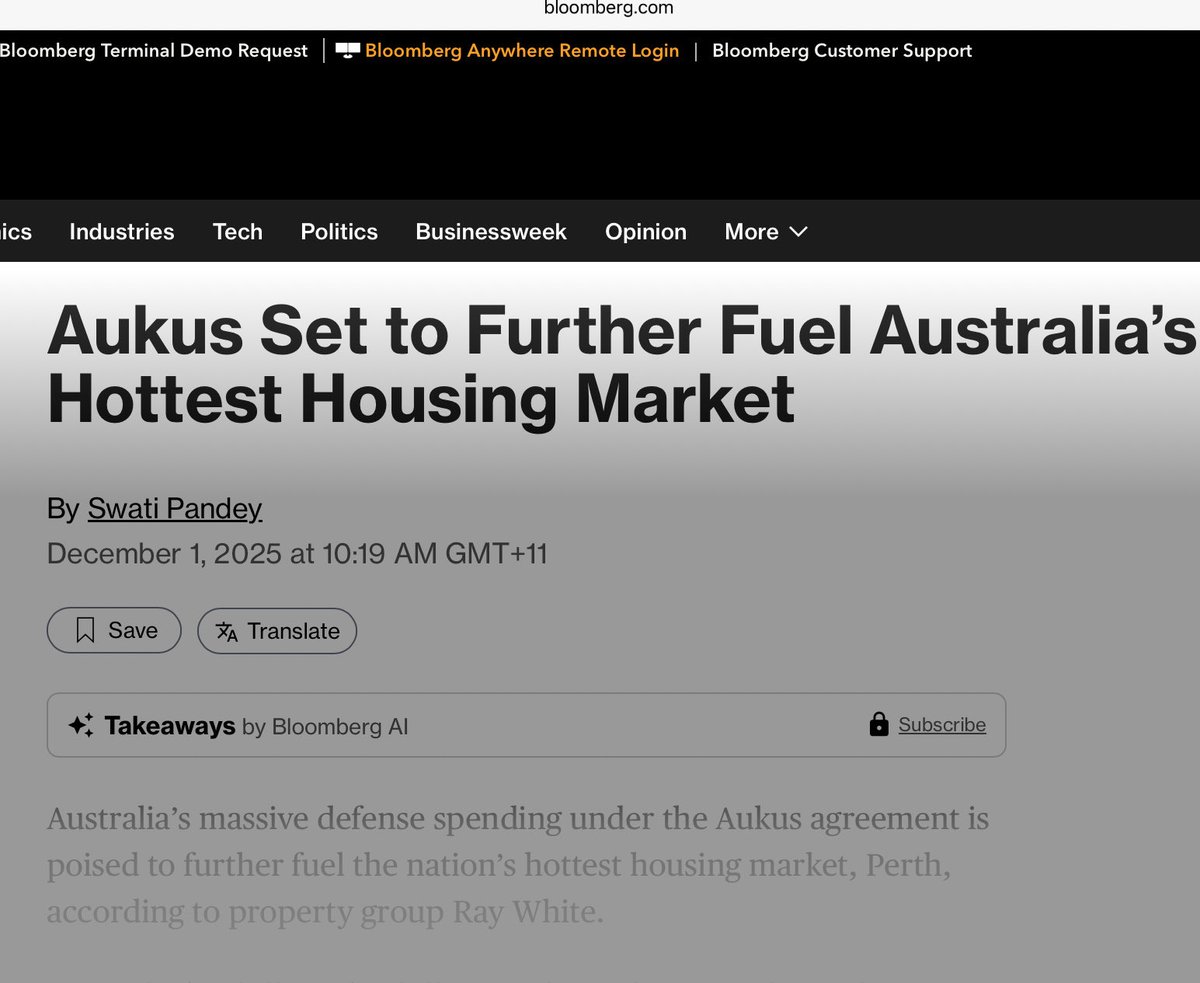 Bloomberg reports that AUKUS will drive up housing prices in Perth, already the countries fastest growing (ie: becoming more expensive) housing market. There is nothing in AUKUS in the interests of the Australian people.

bloomberg.com/news/articles/…