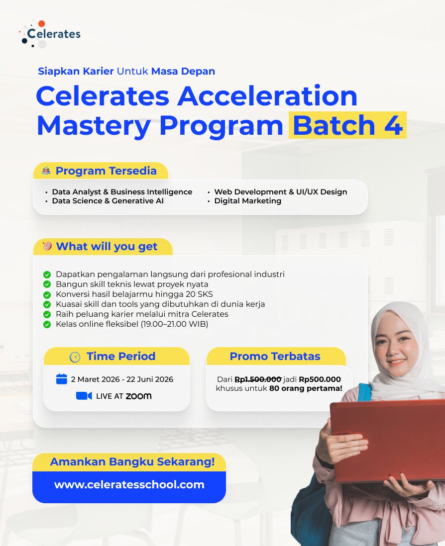 Ini ada accleration program dari Celerates untuk role Digital Markting, Web Dev &amp; UI/UX, Data Analyst &amp; BI serta Data Science &amp; Generative AI.

Program berlangsung 2 Maret – 22 Juni 2026 dan bakal dilaksanakan full online.

Kalo lo minat or pengen kepoin lebih lanjut, bisa ke