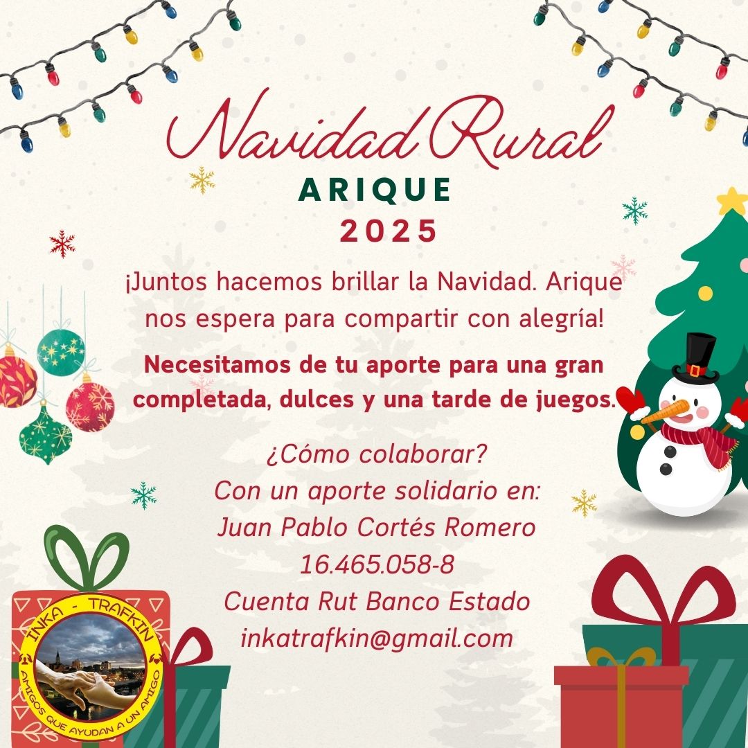 InkaTrafkin's tweet photo. ¡Juntos hacemos brillar la Navidad en Arique! 

Buscamos 50 personas que nos puedan ayudar con $2.000 para las bolsitas de dulces que acompañarán el regalo en la Navidad Rural Solidaria 

¡Te necesitamos regalar sonrisas a los niños y niñas de Arique! #Valdiviacl https://t.co/dMqOMBd0Lc