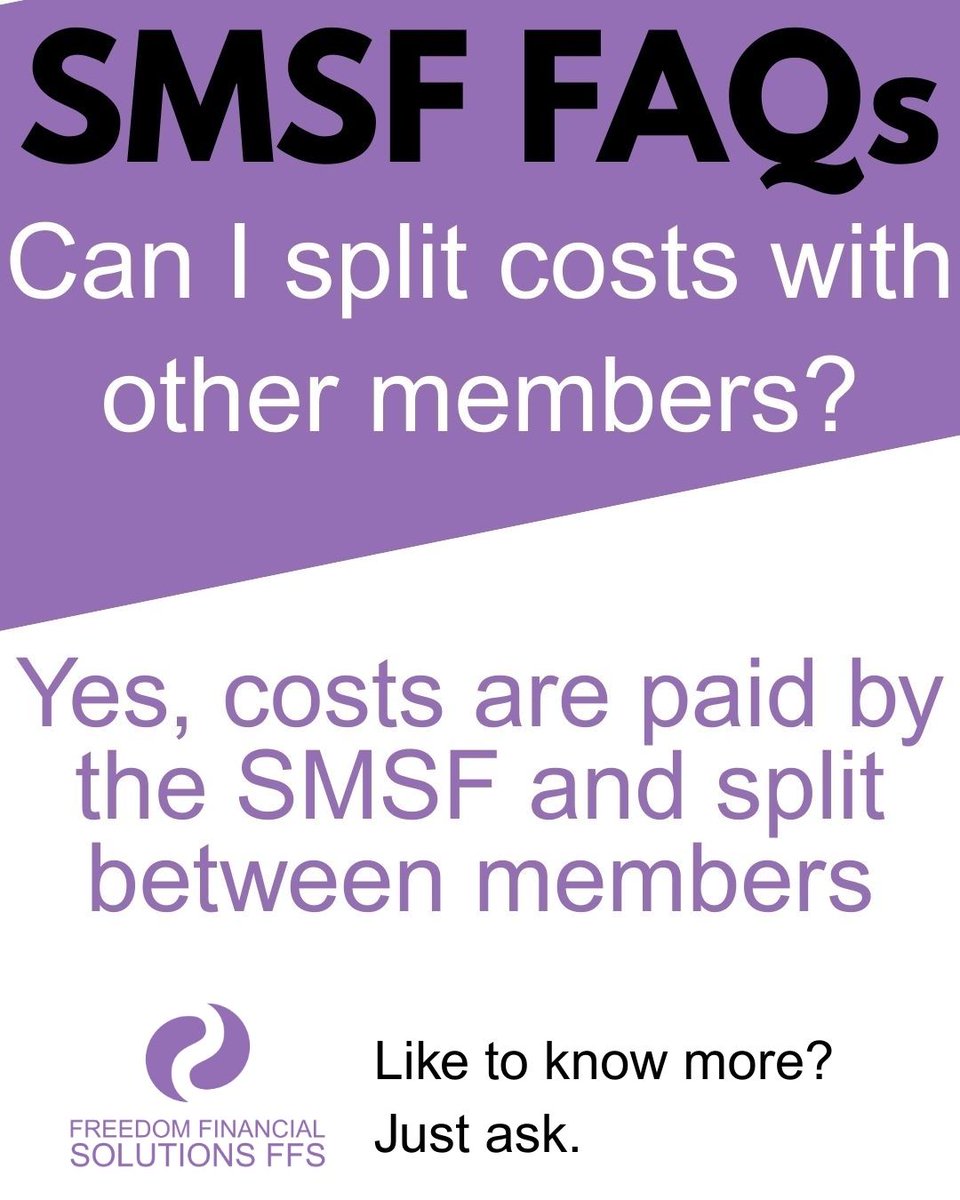 Freedom_FFS's tweet image. Can you split SMSF costs with other members? Yes — SMSF expenses are paid by the fund itself and then allocated between members according to their balances. Want to know more? Just ask (link in bio).
#SMSF #SelfManagedSuperFund #Superannuation #FreedomFFS #FinancialFreedom