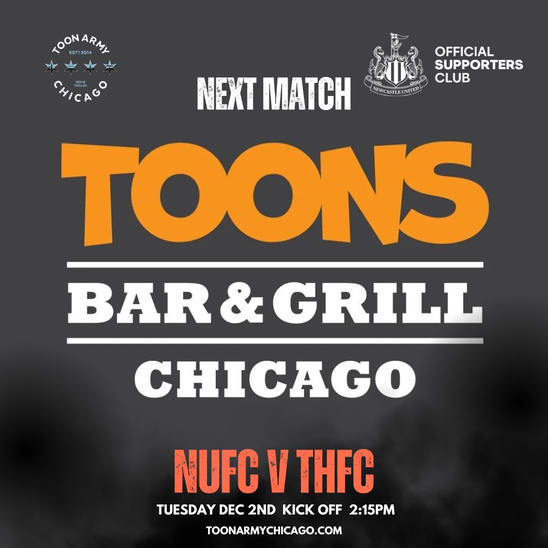 We’re moving Tuesday's matchday meetup to TOONS in Wrigleyville! Could there BE a better name for a Newcastle bar? KO vs Spurs is 2:15 PM.  WFH is recommended, and a long, well-timed lunch is encouraged.
#NUFC #HWTL #NEWTOT #Chicago #Wrigleyville #MyPLMorning