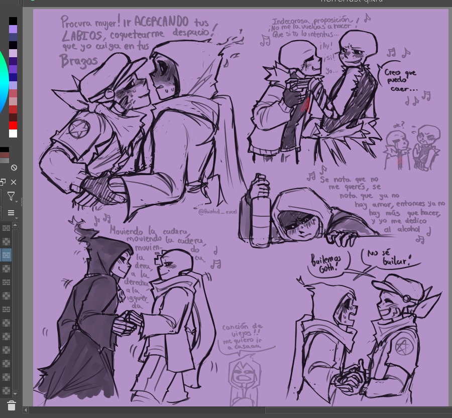 Con Cevi en la madrugada nos pusimos a escuchar música de señora y dibujé a los Sanses bailando esas canciones. Hace rato que no dibujaba Poth, woaaaa