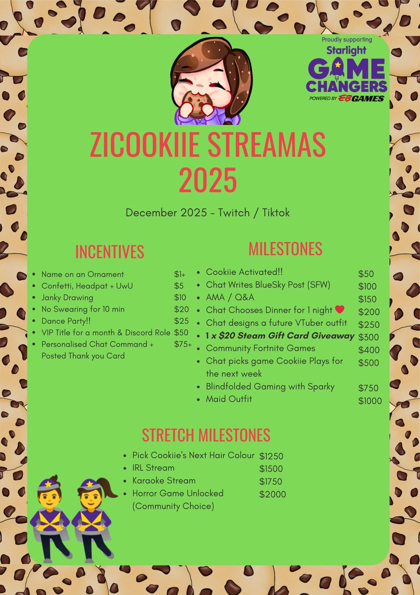 For #streamas we are going to have lots of fun milestones and incentives!! If you would like to donate check out the link here ❤ tiltify.com/@zicookiie/str…