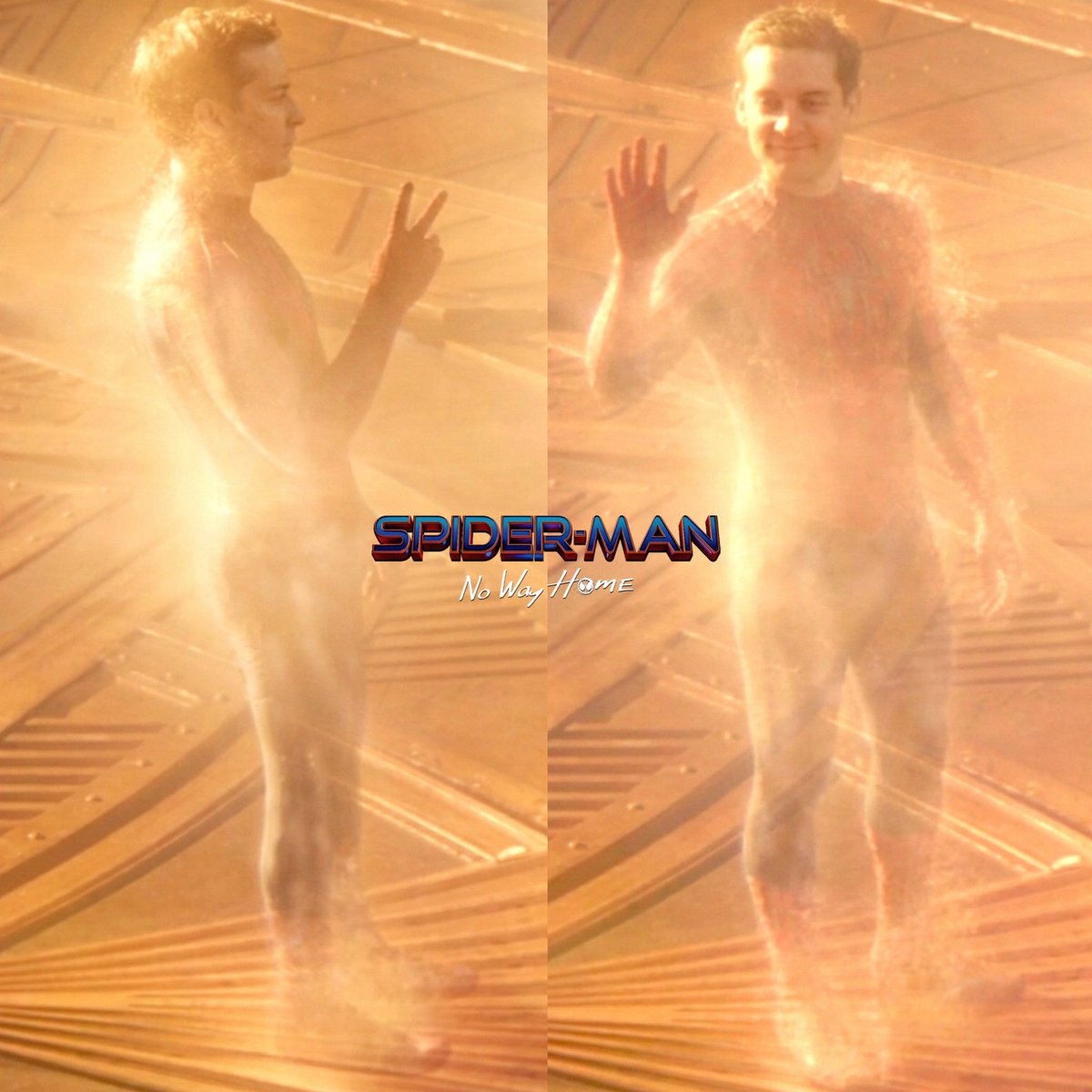 In the theatrical cut, Tobey’s Spider-Man fades with a peace sign. In an alternate cut, he waves goodbye. #SpiderManNoWayHome