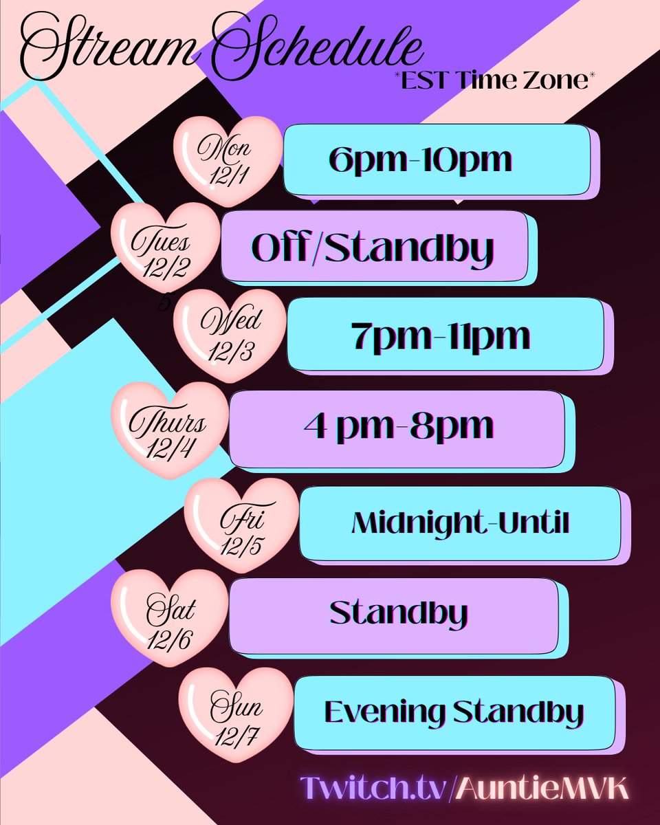 Hey y'all!

Here's this week's stream schedule!  I look forward to having fun, meeting new people and making memories with you!  Repost this, share with your communities and let's have a ball!

PPG Worldwide! ALL GAS, NO BRAKES &amp; WE LOCKED TF IN! 

#Auntie4Partner