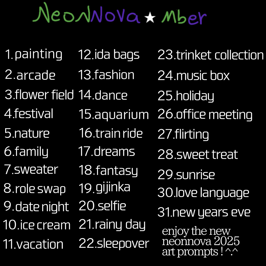 neonliiight's tweet image. IT&apos;S TIIIIIME ~ ! 

It&apos;s time for the rerun nsr art challenge for the entirety of December  !

You all loved the neonnova-mber art prompts from 2023 :] and it&apos;s time for a rerun this year in 2025 !
#NoStraightRoads #neonnova