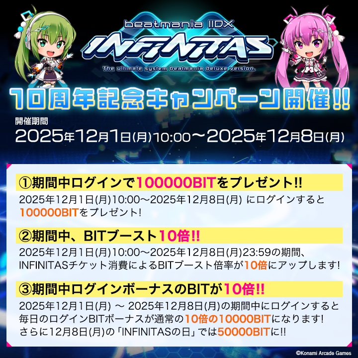 infinitas573's tweet image. 【キャンペーンのお知らせ】
本日12月1日をもちまして、INFINITASがサービス開始より10周年！
つきましては10周年を記念したキャンペーンを開催いたします！
ユーザーの皆さまにはINFINITASをご愛顧いただき、心より感謝申し上げます。
今後ともbeatmania IIDX INFINITASをよろしくお願い致します！…