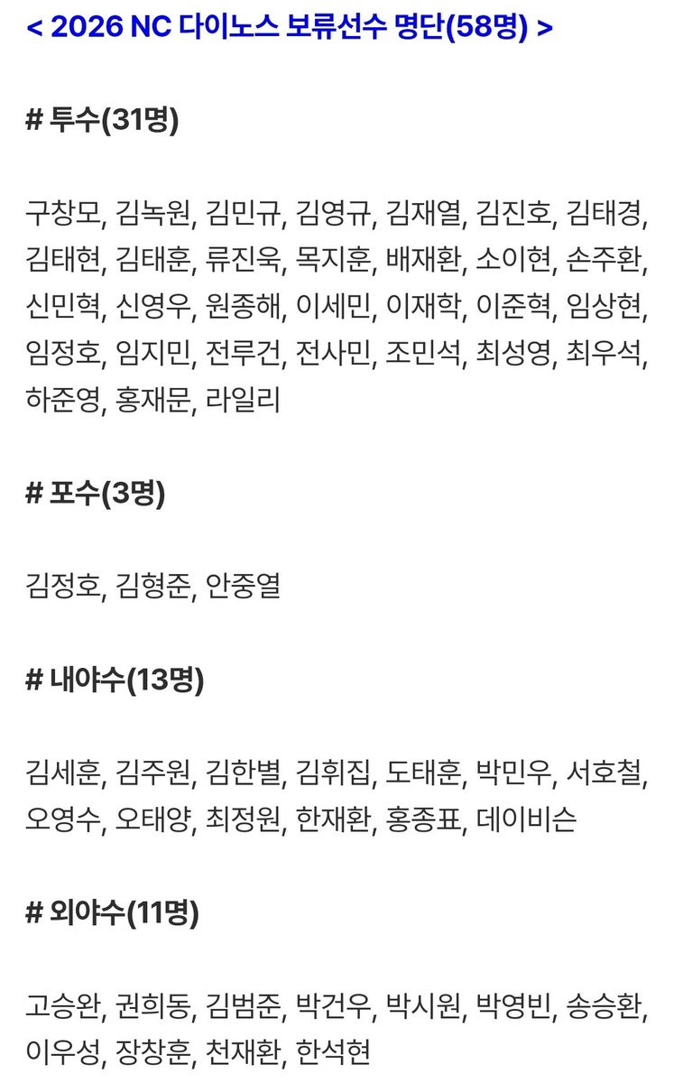 2026 NC 다이노스 보류선수 명단 naver.me/xktdygF0