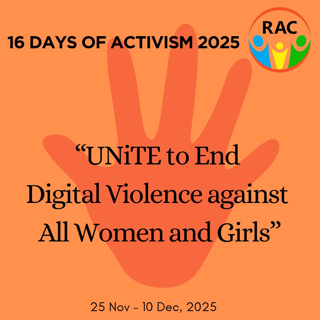 rac_org's tweet photo. 16 Days of Activism 2025

From 25 November to 10 December 2025, mark the 16 Days of Activism to End Gender-based Violence under the theme: “UNiTE to End Digital Violence against All Women and Girls”. https://t.co/s2A25fjBH5