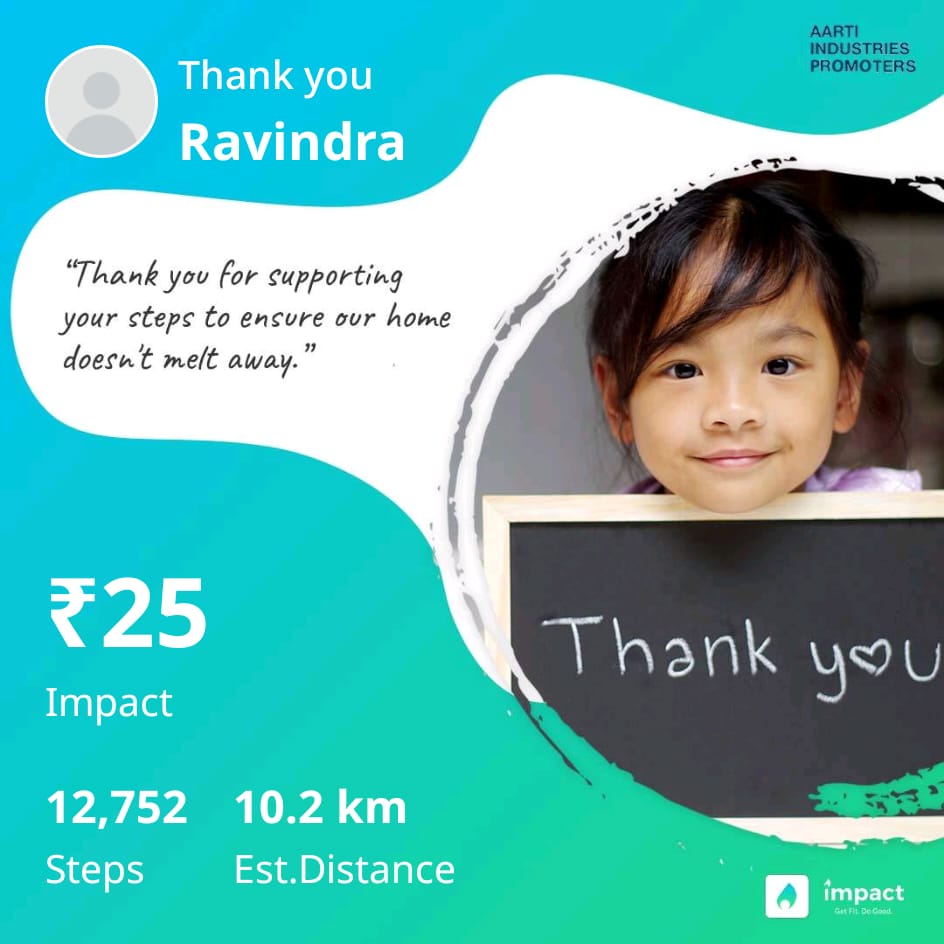 jain_ravindra2's tweet image. I raised ₹25 by just walking to help build green sand beaches to reverse climate change by accelerated CO2 capturing. Thanks to Aarti Industries Promoters for sponsoring my steps. Raise funds by just walking, jogging, jumping, skilling. Your steps for a good cause with Impact -…