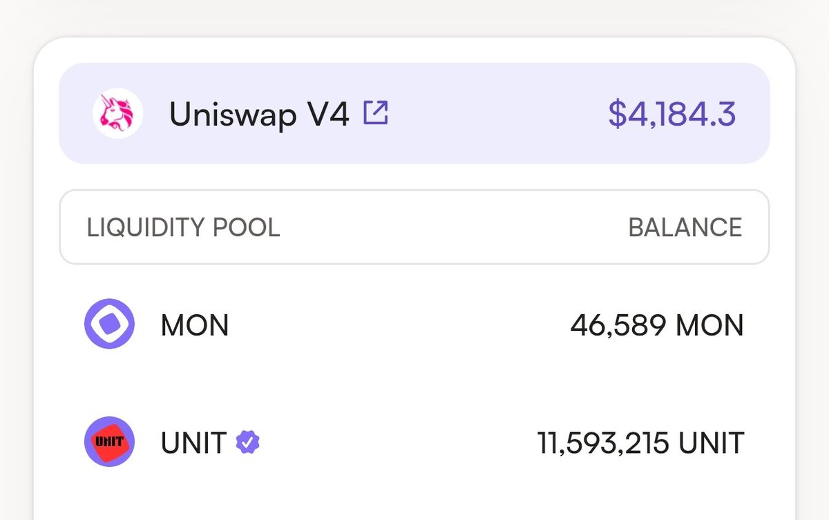 I just add $unit - $mon liquity on the uniswap v4 pool as <a href="/_jhunsaker/">James</a> did.

<a href="/_jhunsaker/">James</a> public wallet

monadvision.com/address/0xf8bA…

It is time we unit and support monad.

跟monad联创 <a href="/_jhunsaker/">James</a>
一样，我刚刚也在uniswap v4池子添加了 $unit 的流动性。

现在是我们展示社区的力量的时候。