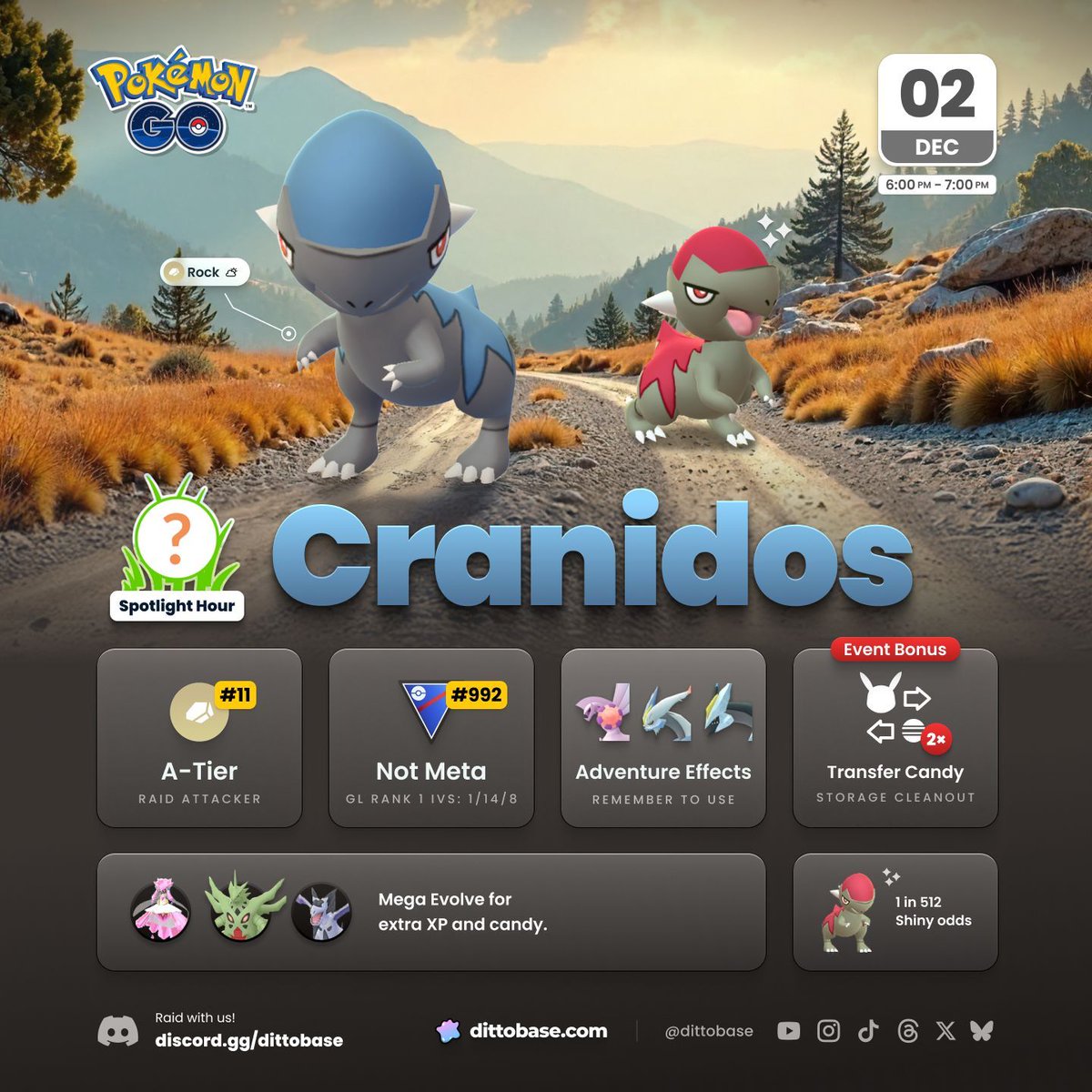 dittobase's tweet image. Cranidos Spotlight Hour with 2x Transfer Candy in #PokemonGO