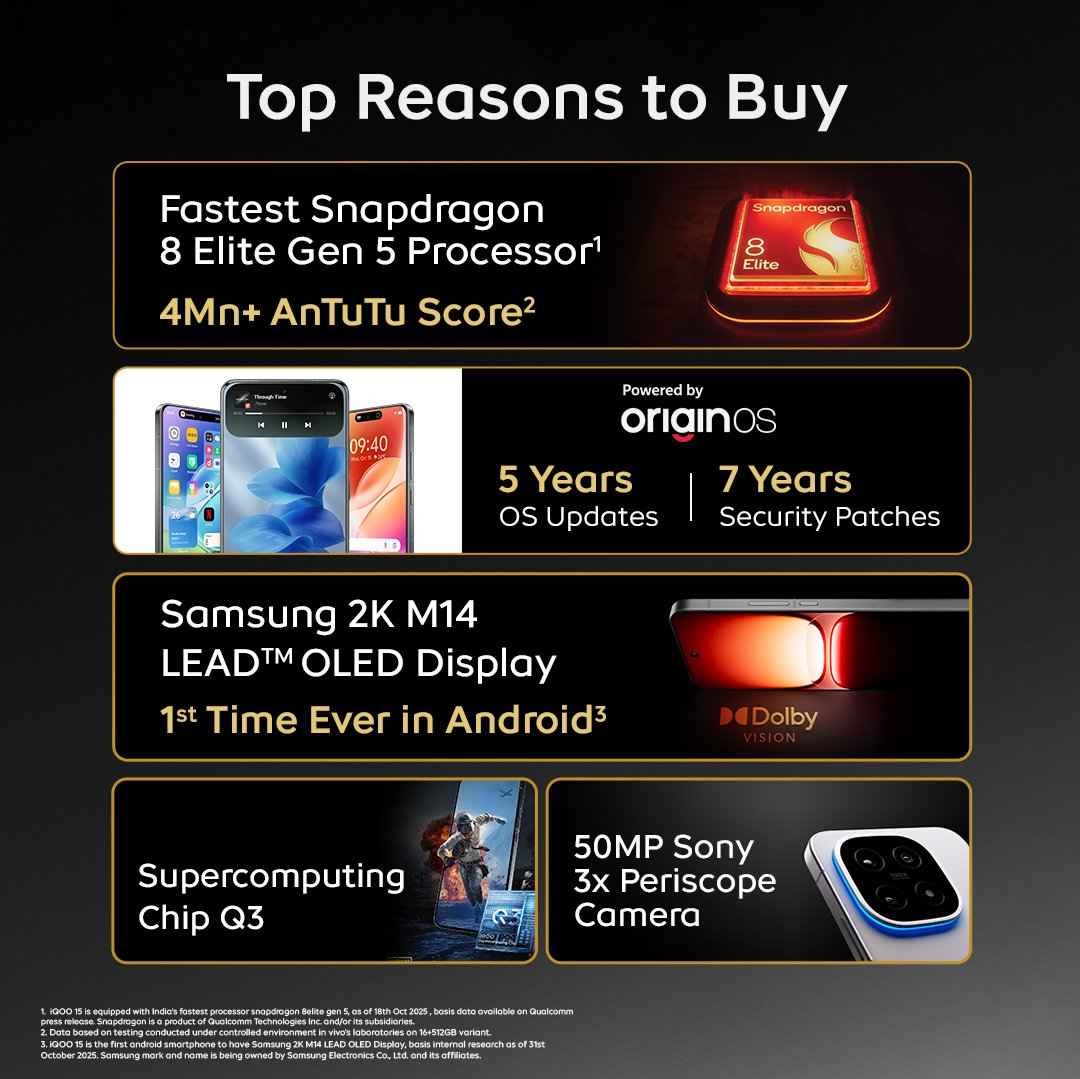 IqooInd's tweet image. Today&apos;s the day. The wait is almost over.

The iQOO 15 goes live today at 12 noon.🚀
Get ready, this drop is all set to take over your day.
Stay tuned, stay sharp.

Available at amazon.in &amp;amp; mshop.iQOO.com

Link in bio!

#iQOO15 #BeTheGOAT