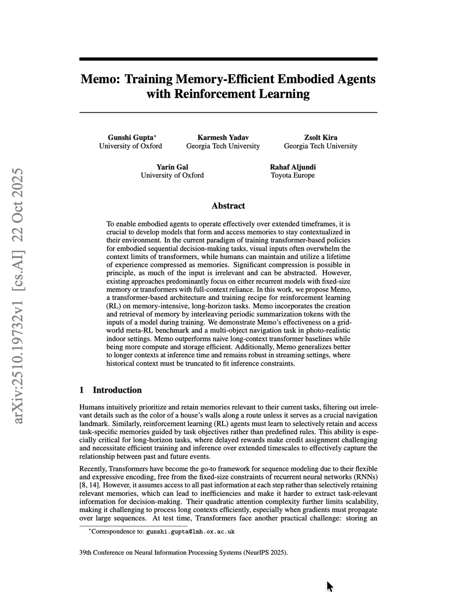 ceobillionaire's tweet image. Memo: Training Memory-Efficient Embodied Agents with Reinforcement Learning

Gupta et al.: arxiv.org/abs/2510.19732

#ArtificialIntelligence #DeepLearning #MachineLearning