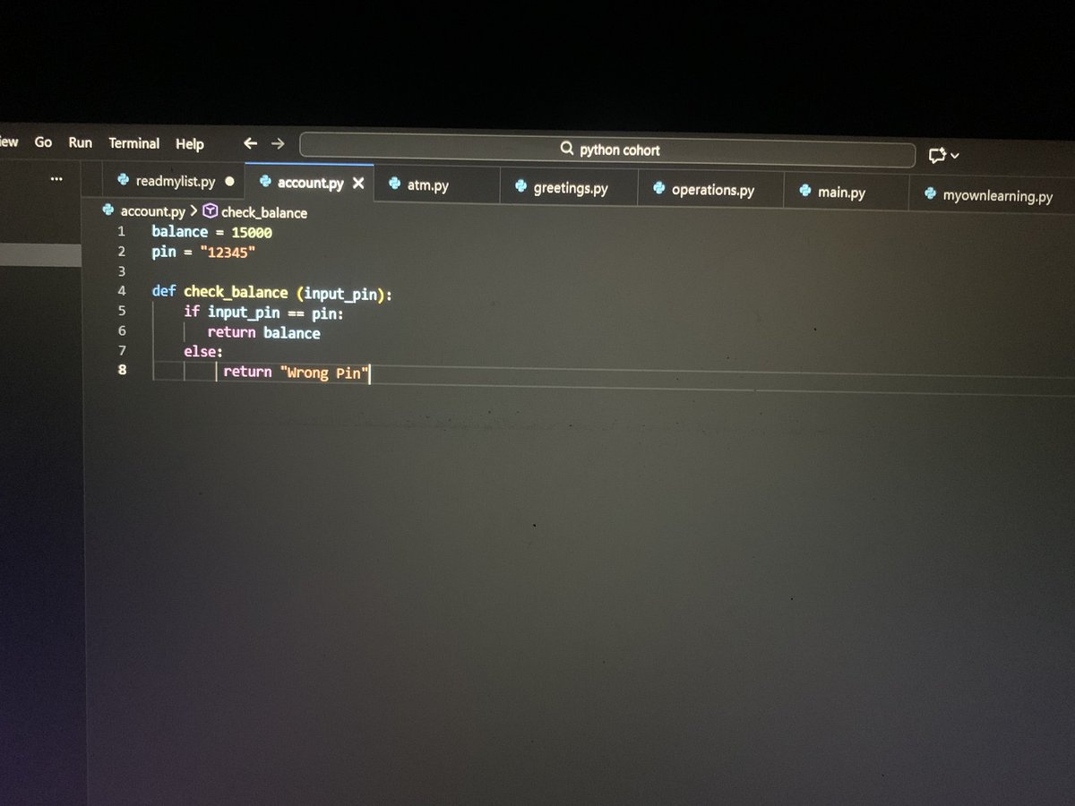 SolomonOgumka's tweet image. Day 5 learning how to code (Python) - python modules 

Just created a simple ATM using python functions and modules. Now I can check a user’s PiN and return their balance . One step at a time.

#learntocode #pythonforbeginners #programming #codingforbeginners #softwareengineer