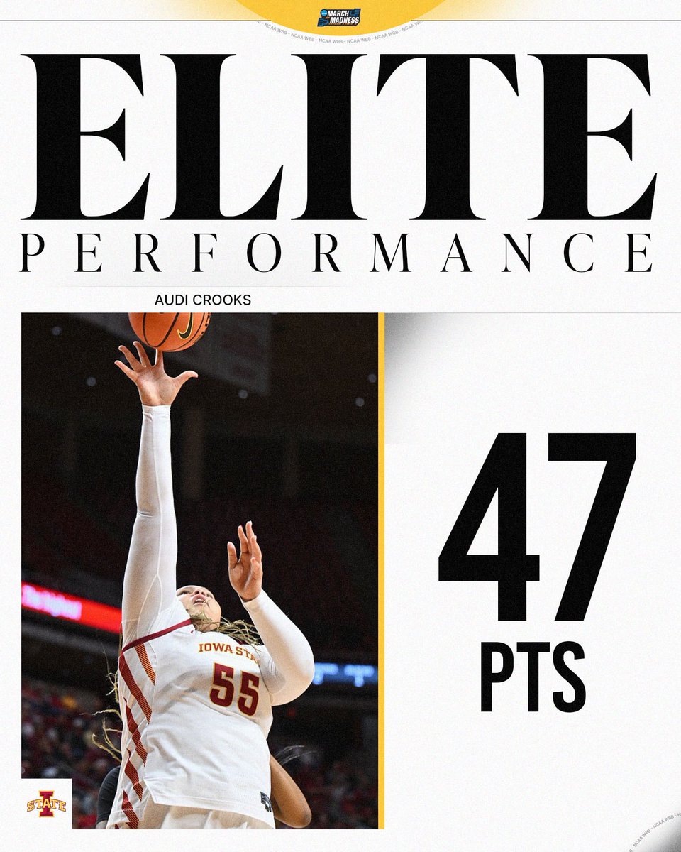 MarchMadnessWBB's tweet image. AUDI CROOKS IS ON ANOTHER LEVEL‼️

@AudiCrooks breaks her own scoring record after dropping 47 POINTS today against Indiana.

#NCAAWBB x @CycloneWBB