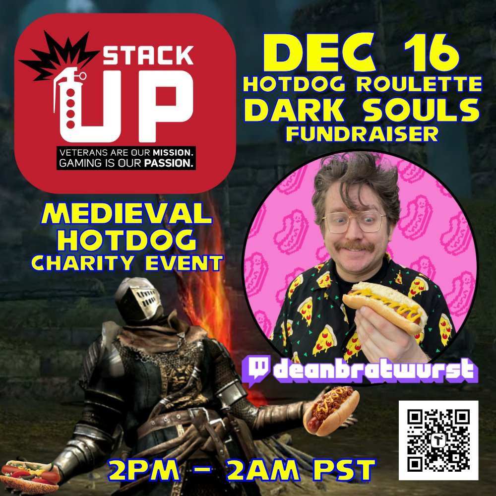 DeanBratwurst's tweet image. Join us on December 16th for a very special Dark Souls Hotdog Roulette Fundraiser for Call to Arms 2025 with @stackupdotorg , Supporting US &amp;amp; Allied Veterans by promoting positive mental health and combating veteran suicide through gaming and geek culture!
