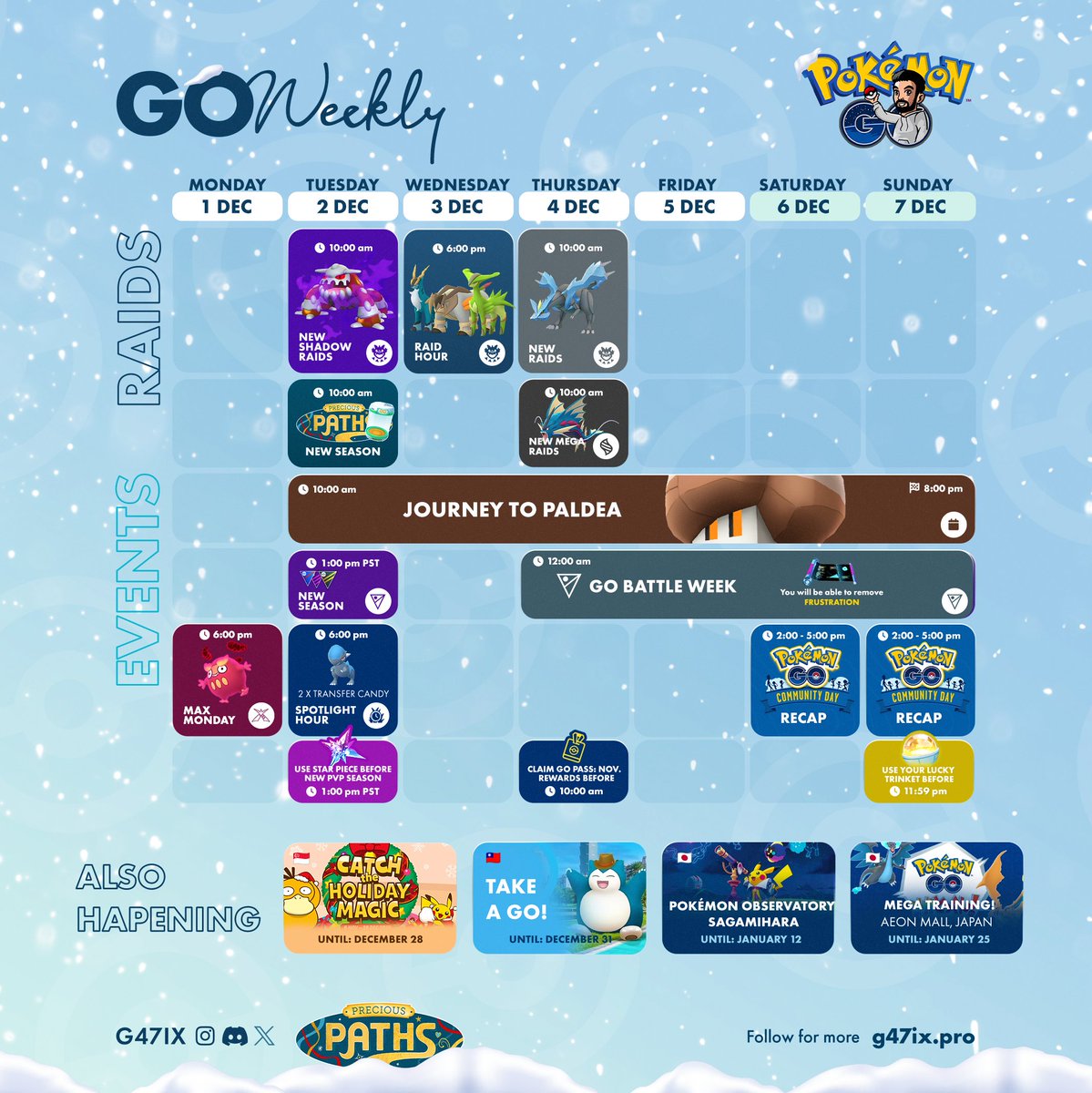 g47ix's tweet image. GOWeekly: December 1–7 ❄️
– 🔥Shadow Heatran in raids
– ❄️Kyurem returns (regular form, not Fusion)
– 🪨Nacli debut
– ➡️ New Season begins
– 🎉Community Day Recap
– 🥊GO Battle Week
#PokemonGO