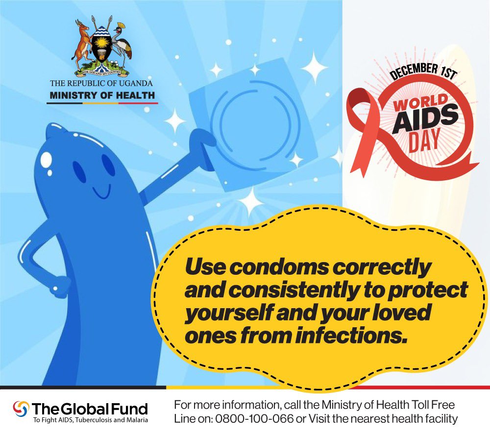 UnesoUganda's tweet photo. On this World AIDS Day, We share a poster from the @MinofHealthUG reminding you that using a condom correctly and consistently can protect you from HIV.  And if an accident happened during intercourse… get PEP. 
The government has supported various biomedical prevention programs to end HIV related new infections. 
 Let's utilize them 😊
PrEP, condoms and PEP.