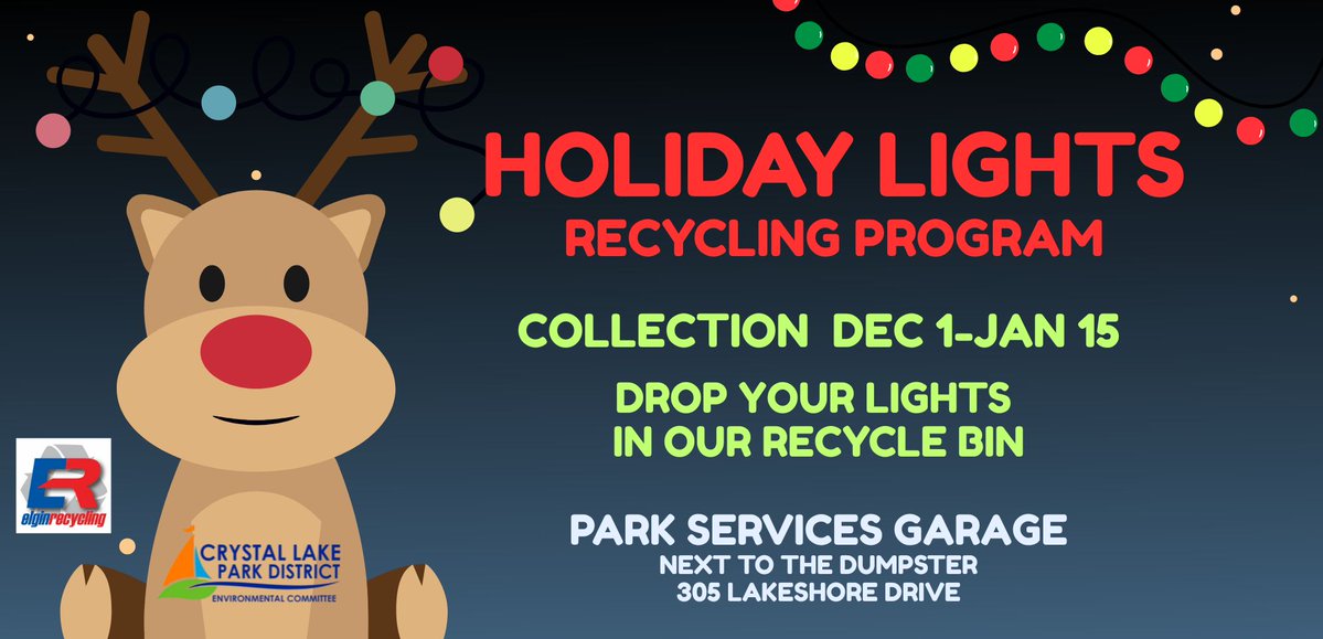 CLParkDistrict's tweet image. The challenge is ON! ✨ We recycled 1,172 lbs of holiday lights last year—can we beat it? ♻️ Drop off old/nonworking strands Dec 1–Jan 15 at the Park Services Garage (305 Lakeshore Dr). FREE to recycle! 🎄