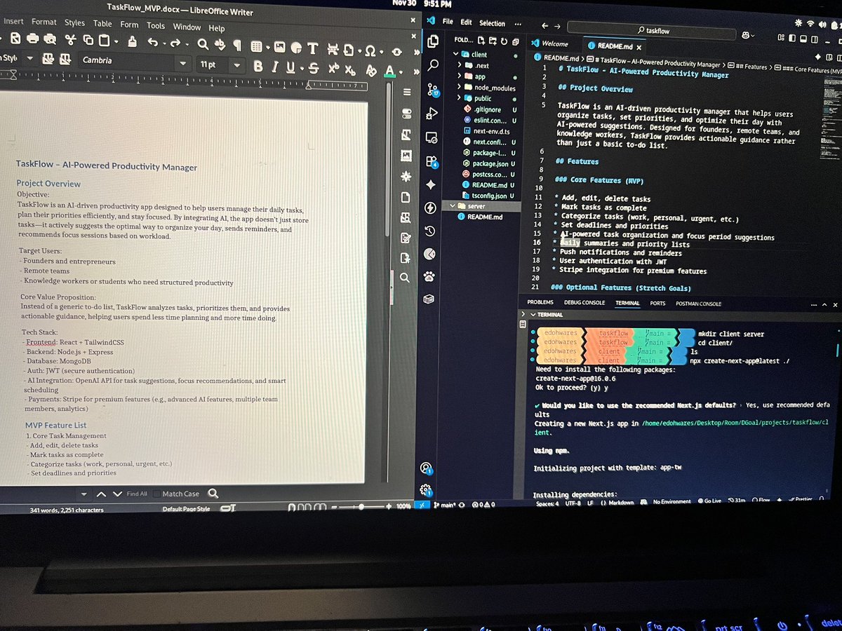 0xedohwarez's tweet image. I’ve been working on projects under NDA that I couldn’t showcase online.

Now, I’ll be building TaskFlow publicly. TaskFlow is an AI Productivity web app that uses OpenAI to cut planning fatigue and auto-schedule deep work.

Stack: React, Node, Stripe.

Follow the journey guys