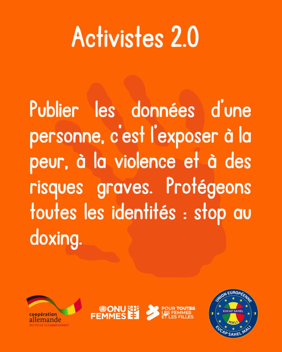 DieuMerciMercy's tweet photo. Publier les données d’une personne, c’est l’exposer à la peur, à la violence et à des risques graves. Protégeons toutes les identités : stop au doxing. #StopViolencesNumériques
#EspaceSûrPourTous
#Activistes2_0
@onufemmesmali 
@Doniblogmali https://t.co/JEXg76bG6Z