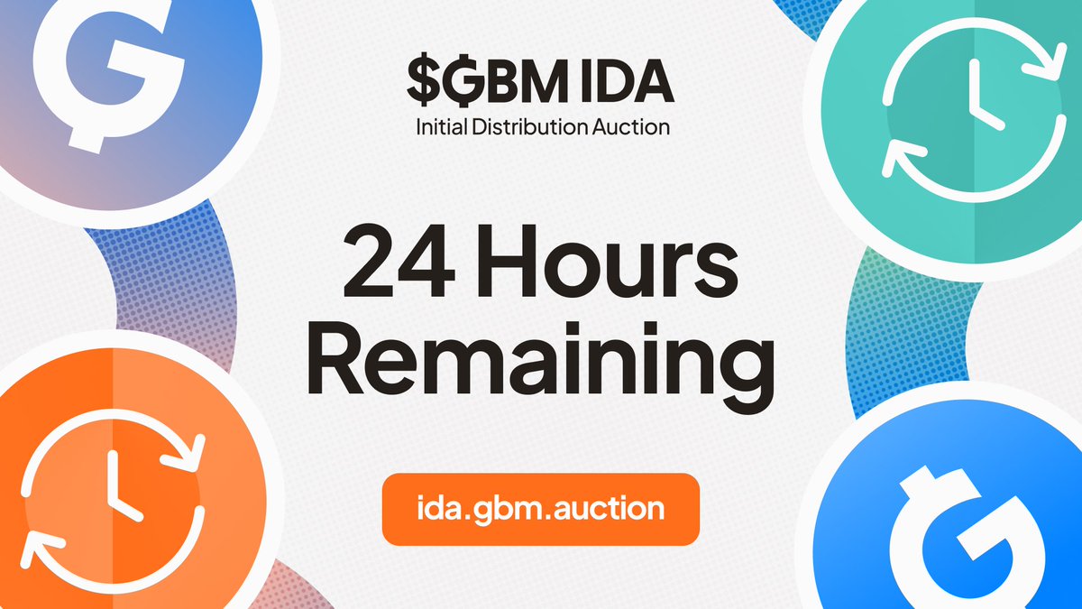 GBMauction's tweet image. There are now 24 hours remaining in the $GBM IDA. 

If you want to own a piece of the GBM Auction Protocol, and to benefit as it grows - this is your last day to bid!

Win $GBM or earn $USDC. 

Experience the win-win token sale where everybody wins!

ida.gbm.auction