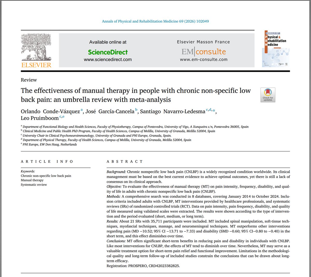 PhysioMeScience's tweet photo. The effectiveness of manual therapy in people with chronic non-specific low back pain: an umbrella review with meta-analysis

https://t.co/3DKMLfowWO https://t.co/SzqFZ9BGhh