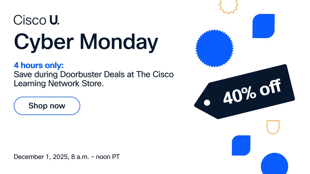 CiscoNetAcad's tweet image. Cyber Monday is here with more incredible deals! For four hours only, save 40% on select learning products in the Cisco Learning Network Store during Doorbuster Deals. 

Shop now ➡️ cs.co/60167qPjI
