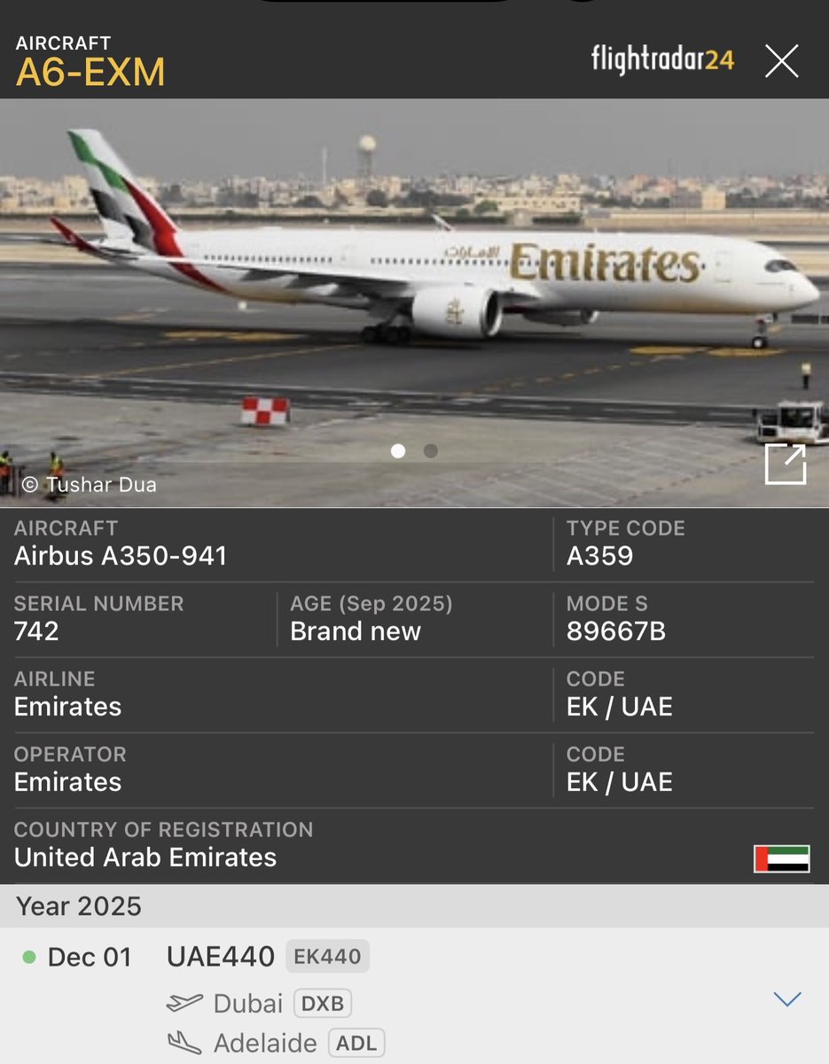 Saeed_AlAli's tweet photo. @flightradar24 
Today 01.12.2025 @emirates will operate its first flights to #Adelaide using the long-range Airbus #A359  EXM Latest Aircraft Delivered 31/10/2025
,
@AdelaideAirport 
@7NewsAdelaide 
@ausaviation 
#flightradar24 https://t.co/28v33ijoUm