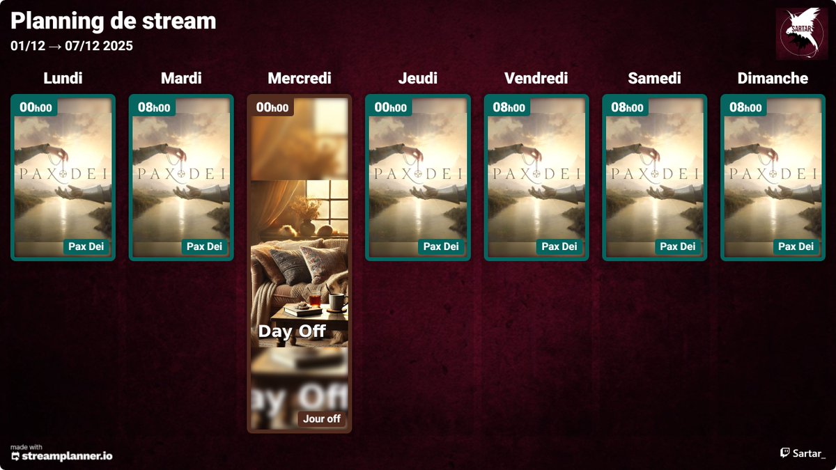 🎮 Planning 01/12 → 07/12
Merci pour le 60 -40, 1er mois validé🙏💜  
On continue de tout donner pour les 2 prochains !
Semaine Pax Dei, avec Day Off mercredi + peut-être un 2e (gros chantier)
Toujours à fond, merci pour le soutien💪
#PaxDei #TwitchFR #MMO #StreamerFR #GamingFR