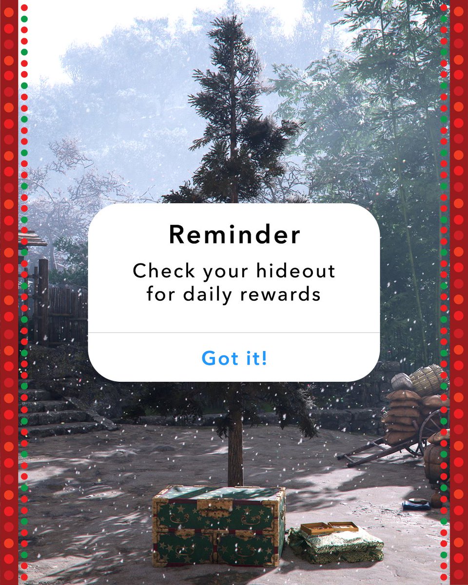 assassinscreed's tweet image. Happy Holidays, Assassins!🎄

Don't forget to visit your Hideout everyday from now until December 25th to open the chest that includes FREE GOODIES that refresh daily! 🎁 #AssassinsCreedShadows