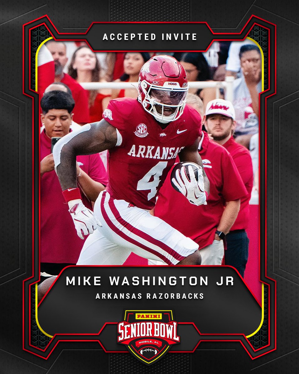 Officially Accepted!

RB Mike Washington Jr. (<a href="/MykeWash03/">Michael Washington Jr.</a>) from <a href="/RazorbackFB/">Arkansas Razorback Football</a> will be a part of the 2026 Panini Senior Bowl 🔥

#TheDraftStartsInMobile #WherePlayersPlay