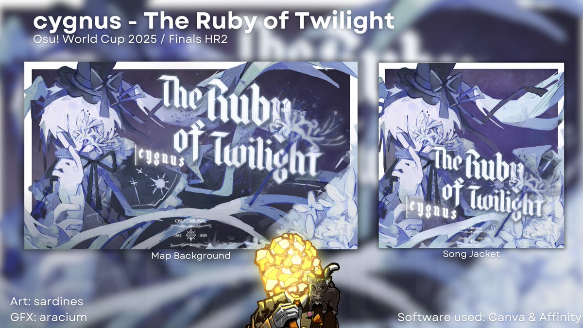 ! NEW DESIGN !  
Hello, a new graphic for OWC2025 once again! This time it's for <a href="/mushibamu/">cygnus@M3春「コ-15a」</a> new song - "The Ruby of Twilight". The artwork was made by @F1SH_MEAT! Please check both of them out! 
SHIKI o7