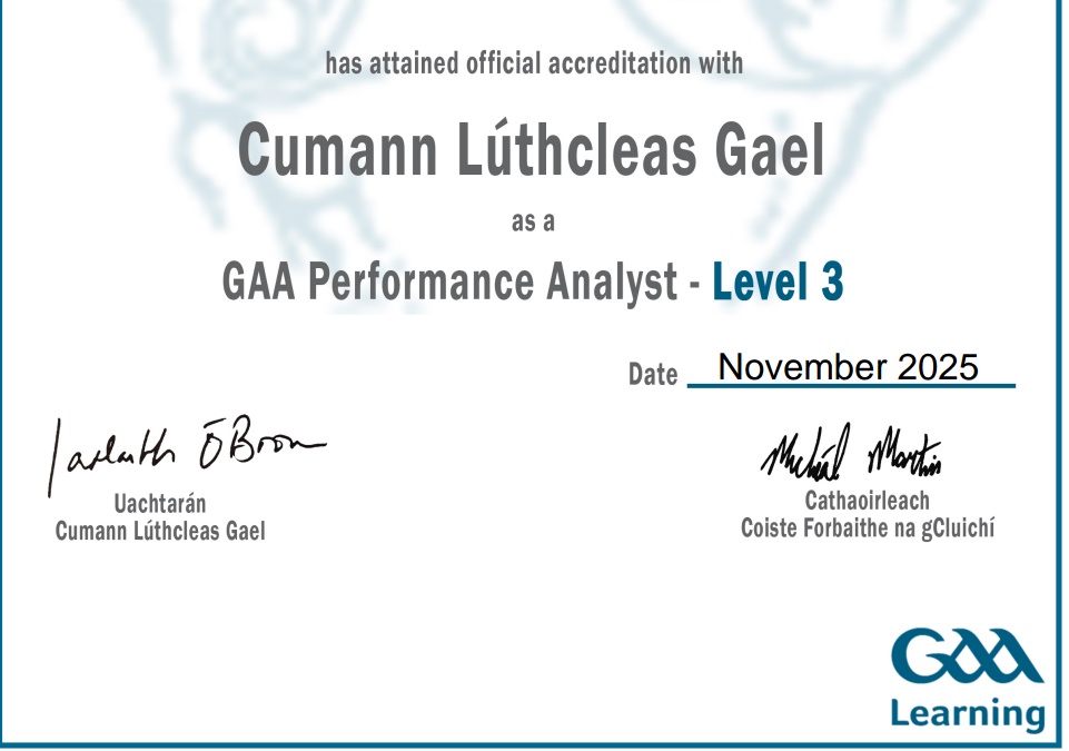 TreabhairC's tweet image. Delighted to have earned my GAA Performance Analyst,  Level 3 accreditation from Cumann Lúthchleas Gael.

Level 3 represents advanced analytical expertise.

Excited to keep pushing standards and contributing wherever I can.
#GAA #PerformanceAnalysis #LGFA