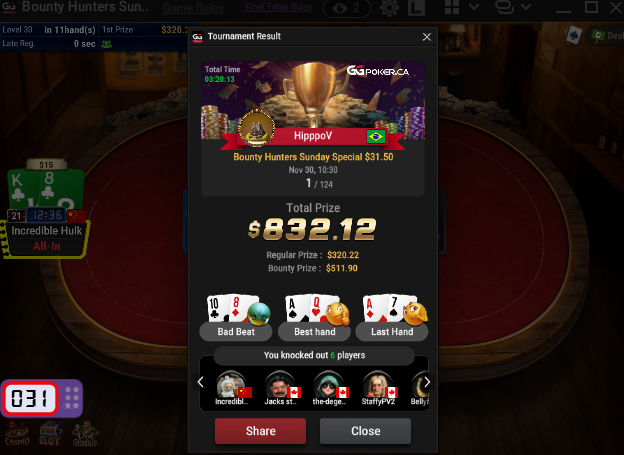 1st in the $31 Sunday Bounty Hunter for $830!!! 🥇🏆