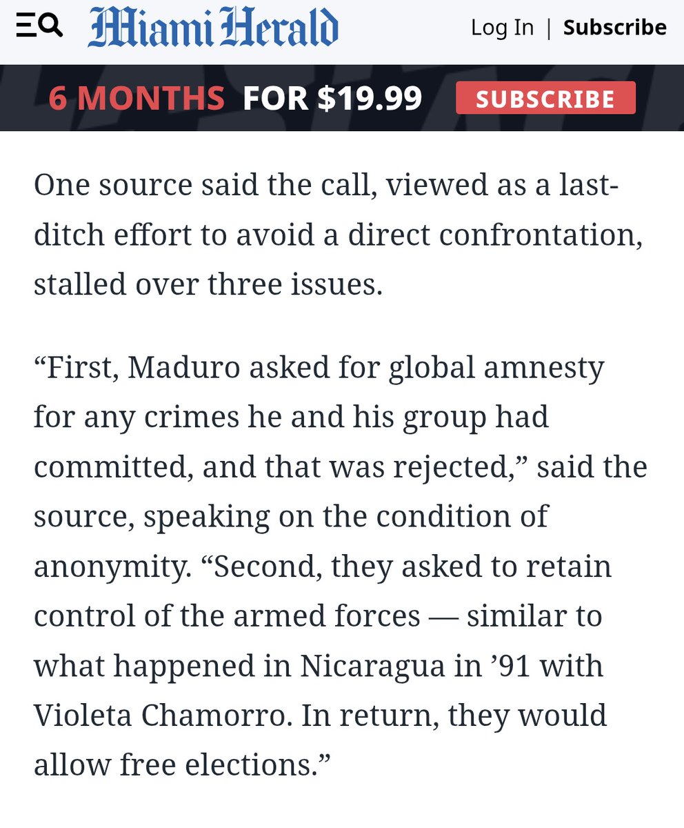 EmmaRincon's tweet image. 🚨 ÚLTIMA HORA 

Miami Herald reporta que Maduro pidió a Trump en la llamada amnistía internacional para todos sus crímenes, le fue negado.

También pidió mantener el control de las fuerzas armadas a cambio de hacer &quot;unas elecciones libres&quot;. 

Washington negó, le dijo que tenía…