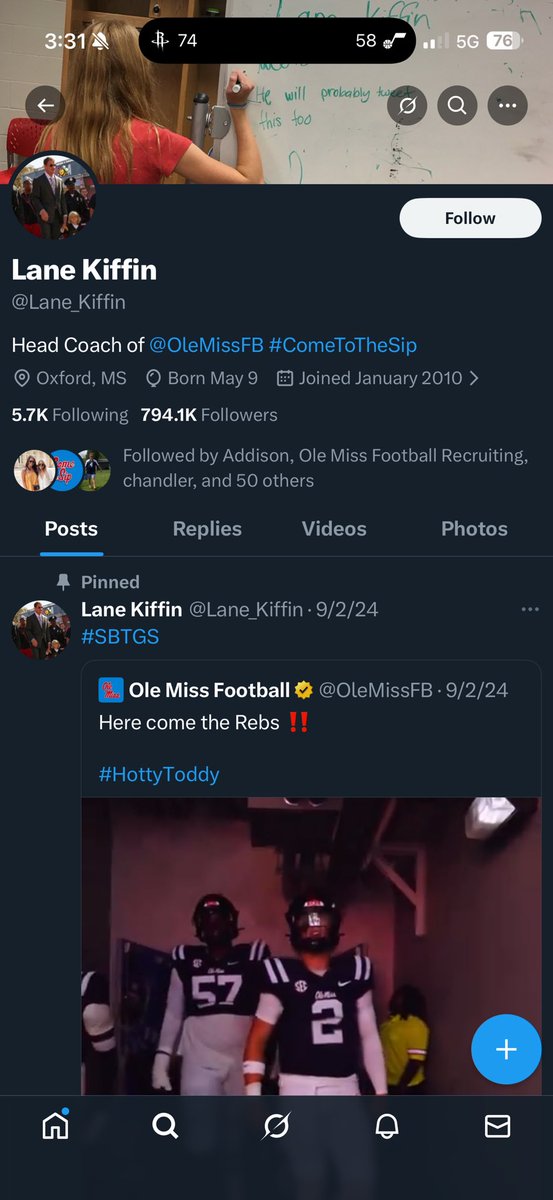 chanmac96's tweet photo. @Lane_Kiffin  for a guy that spends as much time on social media as you do… please change your bio. You ain’t my coach anymore #HottyToddy https://t.co/mHnwcm6QsI